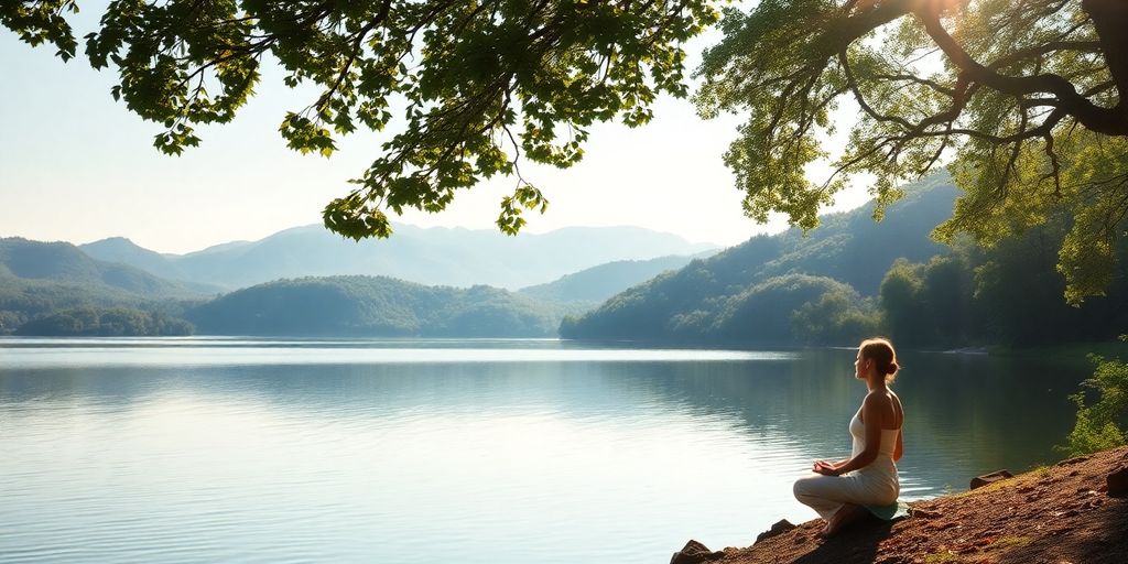 Person meditierend am ruhigen See